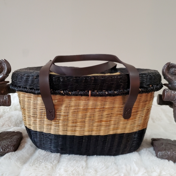 SOPHIE ANDERSON STRAW PURSE HANDBAG BLACK TAN BROWN LEATHER 2 STRAPS NWOT MEDIUM - Picture 5 of 14